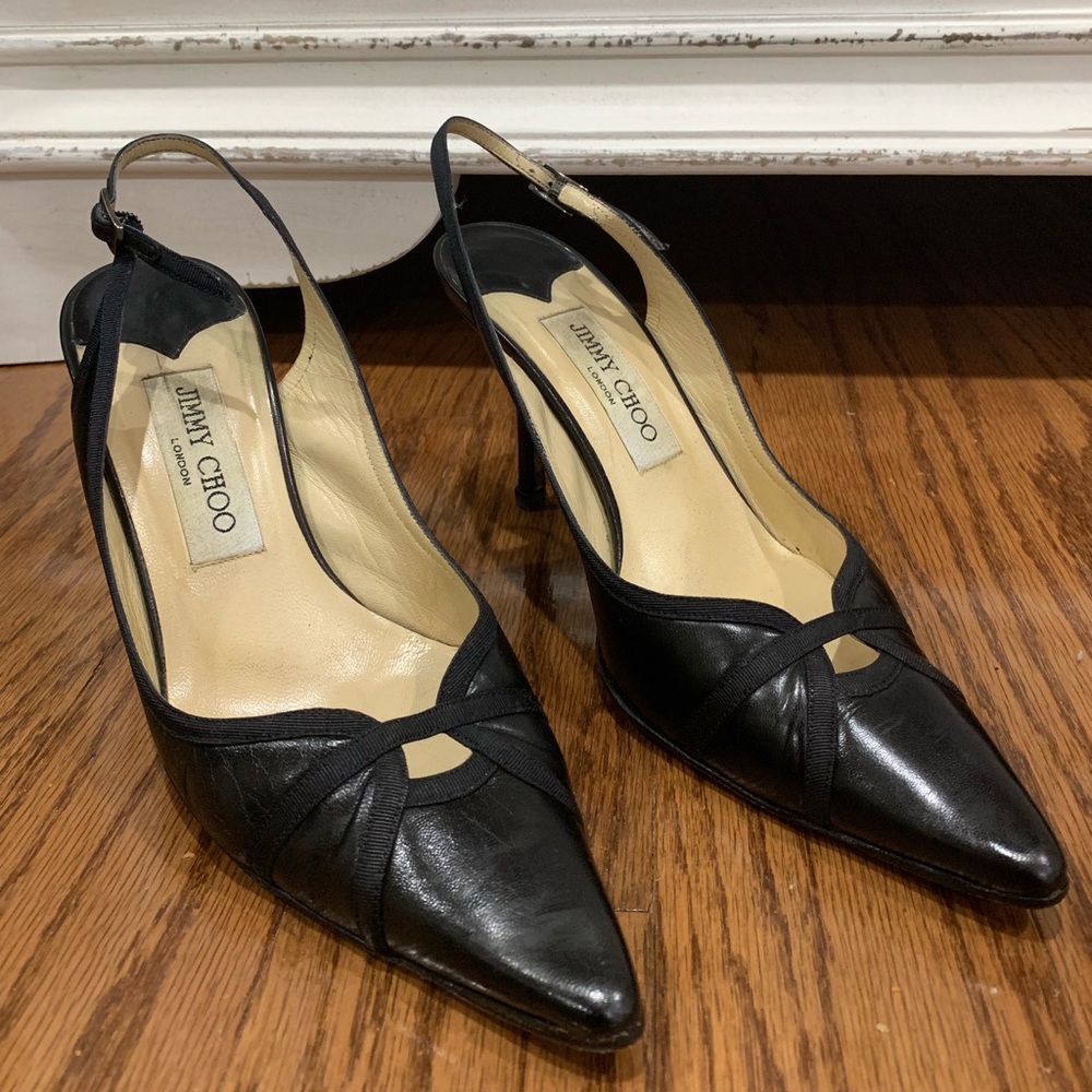 Jimmy Choo leather black slingback heels 37.5 Work